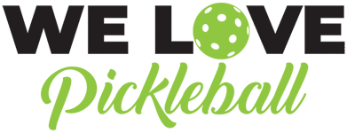 We Love Pickleball logo featuring a pickleball paddle and ball design